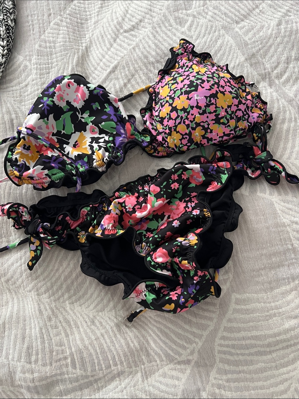 Black Floral Ruffle Bikini Set